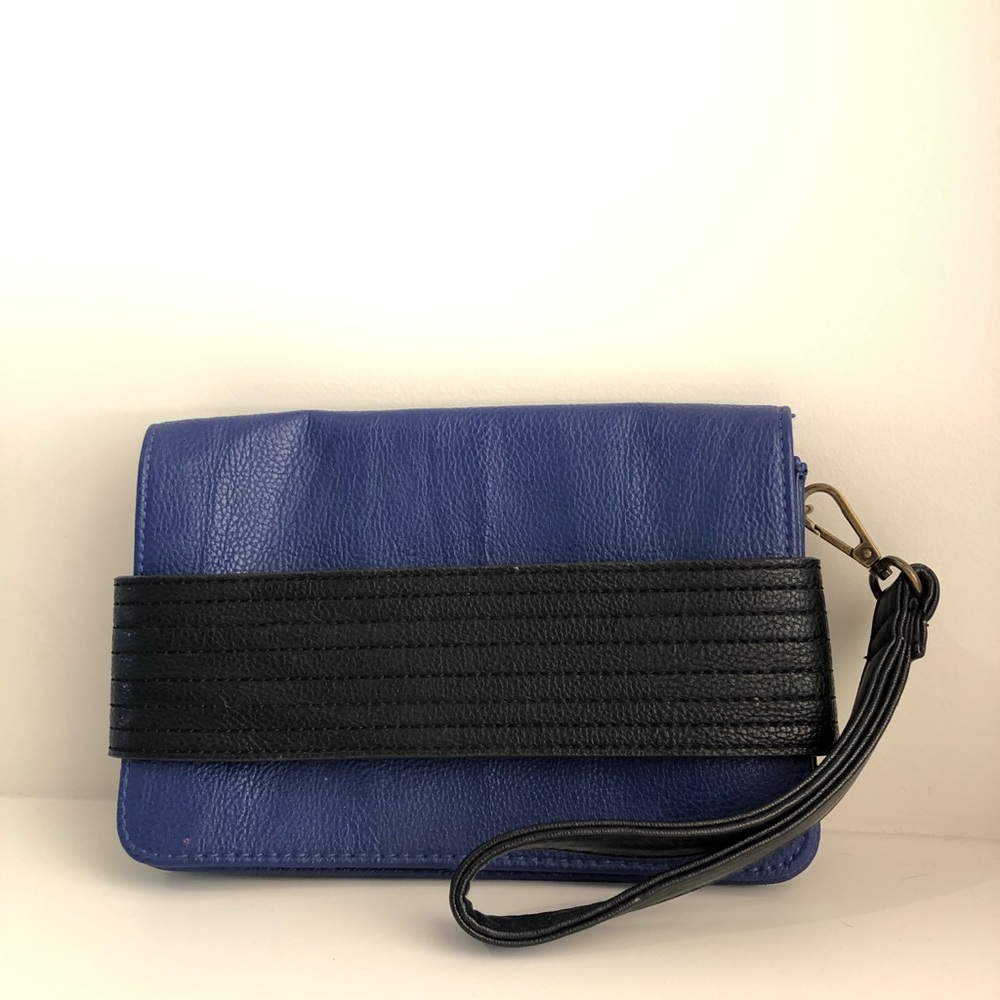 Royal blue and black clutch wristlet, gold accents